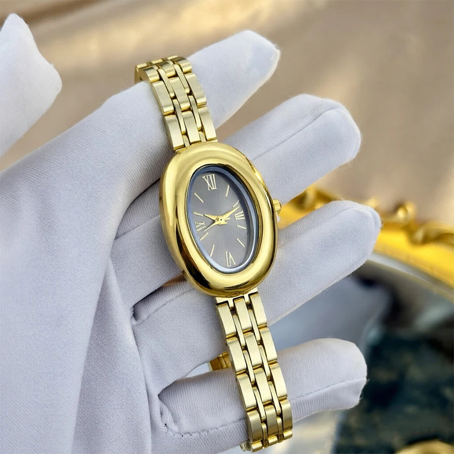 Women Watch Elegant - Vintage Bathtub Oval Dial Steel Strap Timepiece