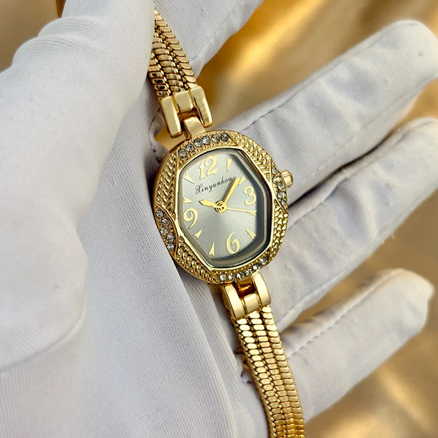 Elegant Small Watch for Woman - Hexagonal Dial Tassel Design Vintage Gold Watch