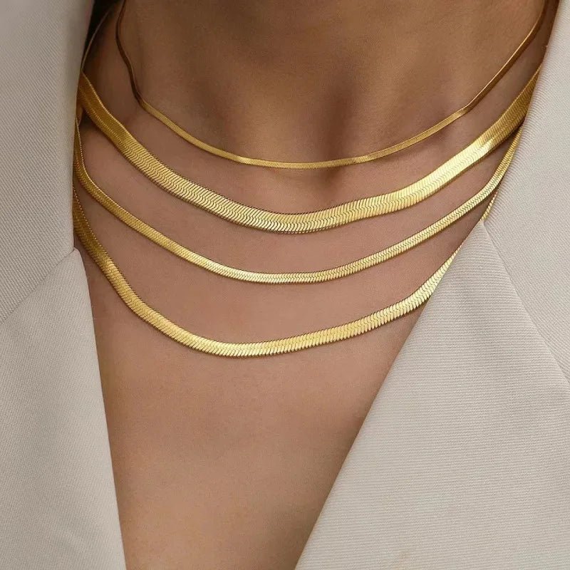 1PC Fashion Unisex Snake Chain Choker Necklace Stainless Steel Herringbone 2/3/4/5mm Gold Color Chain Necklace For Women Jewelry