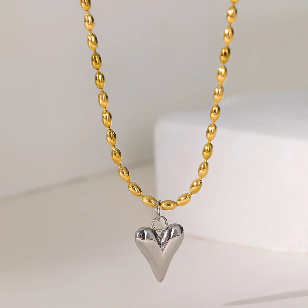 Y2k Stainless Steel Heart Pendant Bead OT Clasp Necklace For Women Men Fashion Geometric Charm Necklace Party Jewelry Gifts