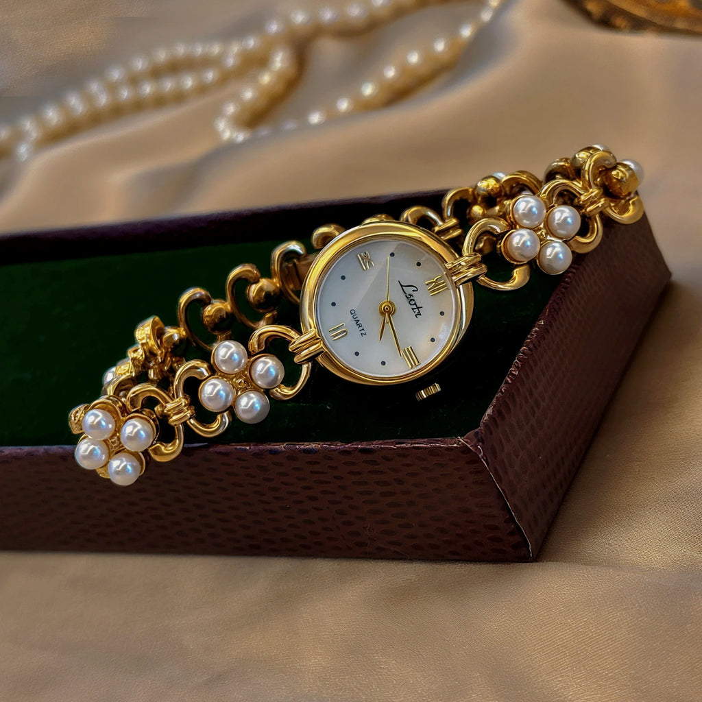 1 Golden French New Classy Pearl Inlaid Accessible Luxury Retro Elegant Elegant Fashion Women's Watch Round Pearl Mother Dial 30m Waterproof, Suitable for Daily Wear and Party Decoration Wrist or Birthday Gifts