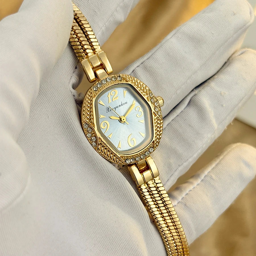 Elegant Small Watch for Woman - Hexagonal Dial Tassel Design Vintage Gold Watch