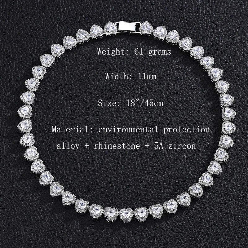 2025 New 45CM Luxurious Shiny Heart type Rhinestone Hop Tennis Chain Bracelet Necklace for Women Men Jewelry Gift