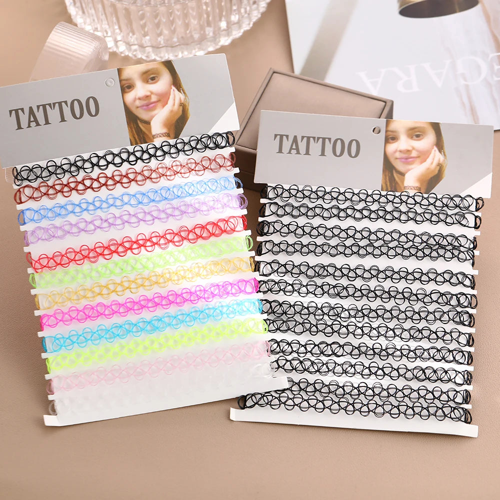 DIY 12PCS  Mix Colour Vintage Hippy Stretch Tattoo Choker Necklace Elastic Chocker Necklace Fishing Line Tattoo Necklace