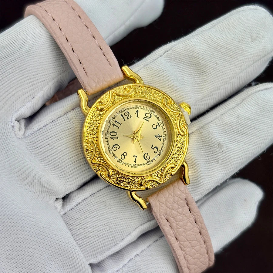 Leather Watch for Woman - Retro Round Dial Slim Gold Strap Wrist Watch