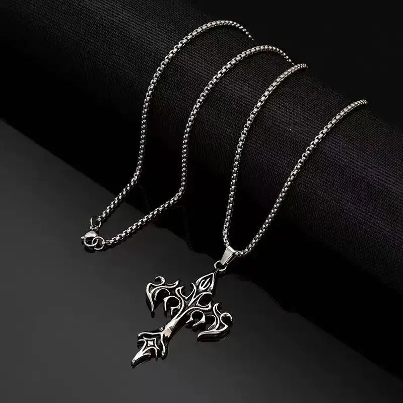 1PCS Fashion Retro Flame Cross Pendant Necklace Men's and Women's Long Chain Punk Gothic Fashion Accessories