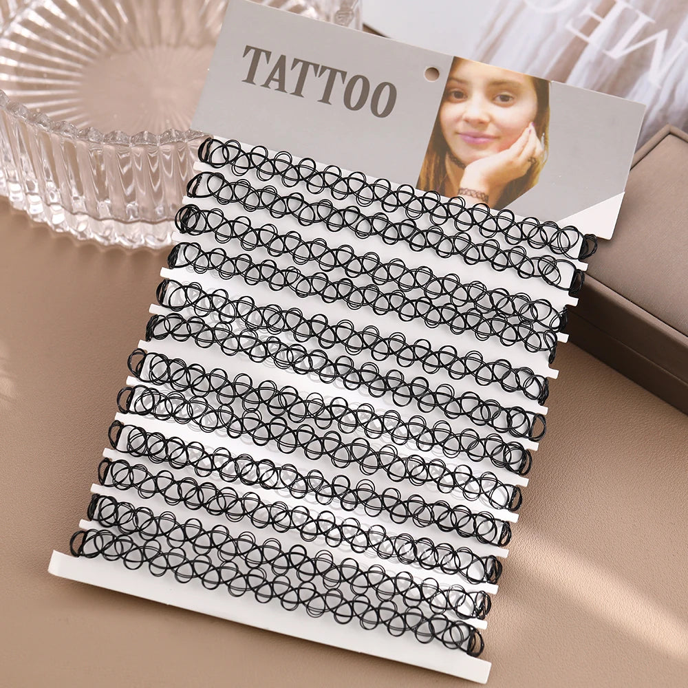 DIY 12PCS  Mix Colour Vintage Hippy Stretch Tattoo Choker Necklace Elastic Chocker Necklace Fishing Line Tattoo Necklace