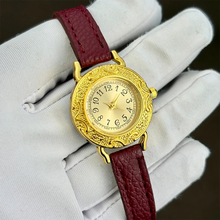 Leather Watch for Woman - Retro Round Dial Slim Gold Strap Wrist Watch