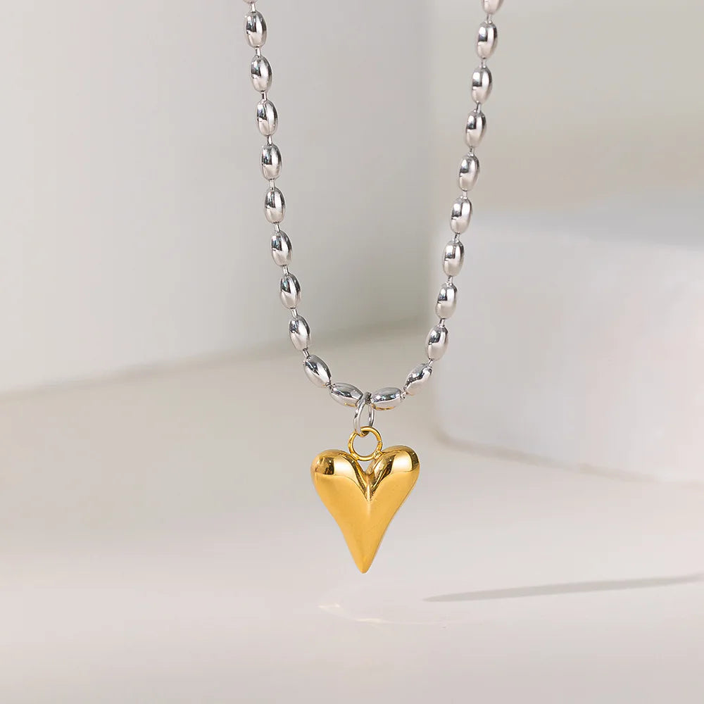 Y2k Stainless Steel Heart Pendant Bead OT Clasp Necklace For Women Men Fashion Geometric Charm Necklace Party Jewelry Gifts