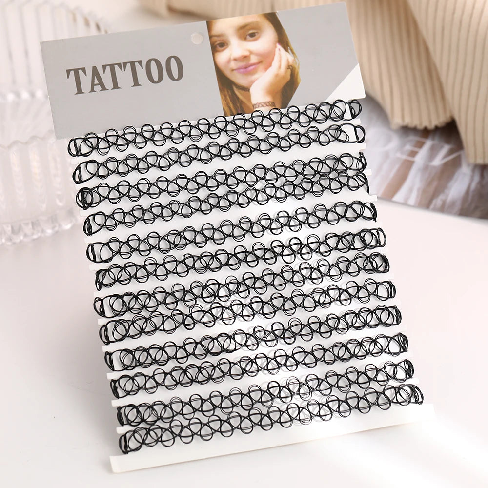 DIY 12PCS  Mix Colour Vintage Hippy Stretch Tattoo Choker Necklace Elastic Chocker Necklace Fishing Line Tattoo Necklace