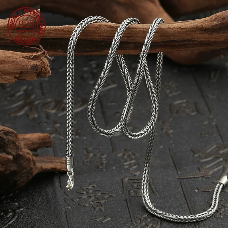 Real S925 Pure Silver Men's Necklace 3MM Foxtail Necklace for Men Individuality Vintage solid Silver Snake Bone Chain