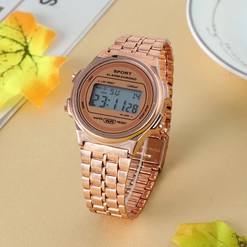 YIKAZE Retro Steel Strap Watch Women's Digital Watch Luxury Round Dial Business Clock Multifunction Sports Electronic Wristwatch