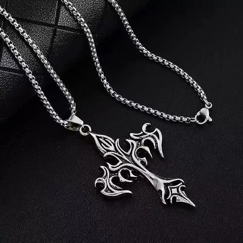 1PCS Fashion Retro Flame Cross Pendant Necklace Men's and Women's Long Chain Punk Gothic Fashion Accessories
