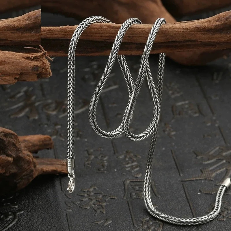 Real S925 Pure Silver Men's Necklace 3MM Foxtail Necklace for Men Individuality Vintage solid Silver Snake Bone Chain
