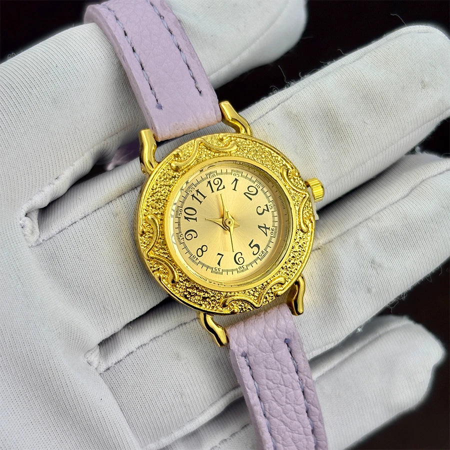Leather Watch for Woman - Retro Round Dial Slim Gold Strap Wrist Watch