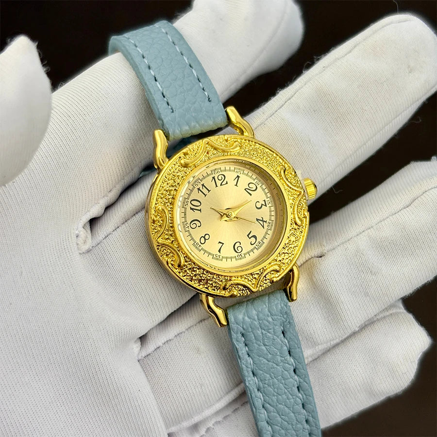 Leather Watch for Woman - Retro Round Dial Slim Gold Strap Wrist Watch