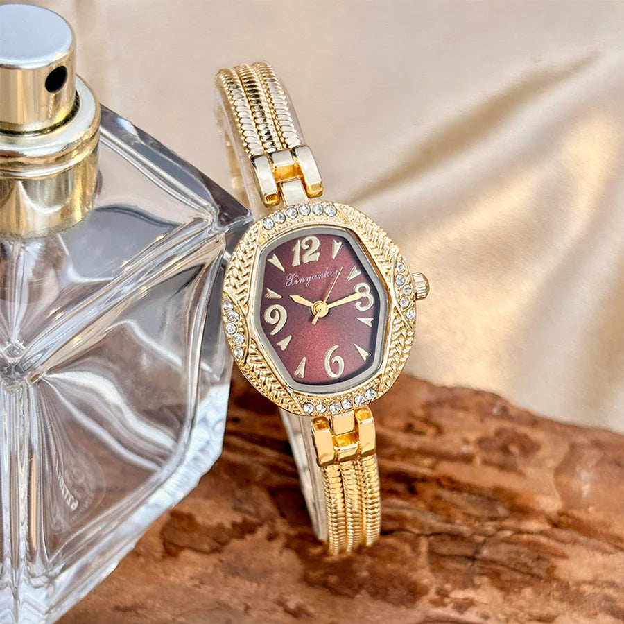 Elegant Small Watch for Woman - Hexagonal Dial Tassel Design Vintage Gold Watch