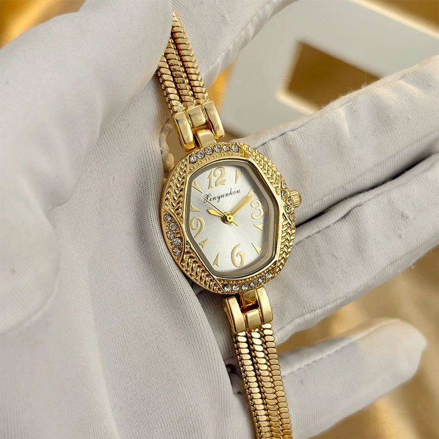Elegant Small Watch for Woman - Hexagonal Dial Tassel Design Vintage Gold Watch