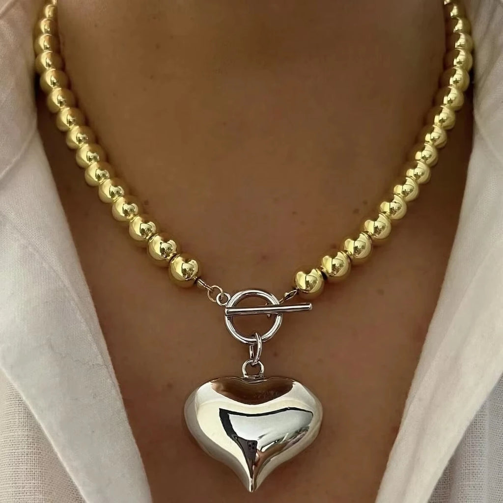 Y2k Stainless Steel Heart Pendant Bead OT Clasp Necklace For Women Men Fashion Geometric Charm Necklace Party Jewelry Gifts