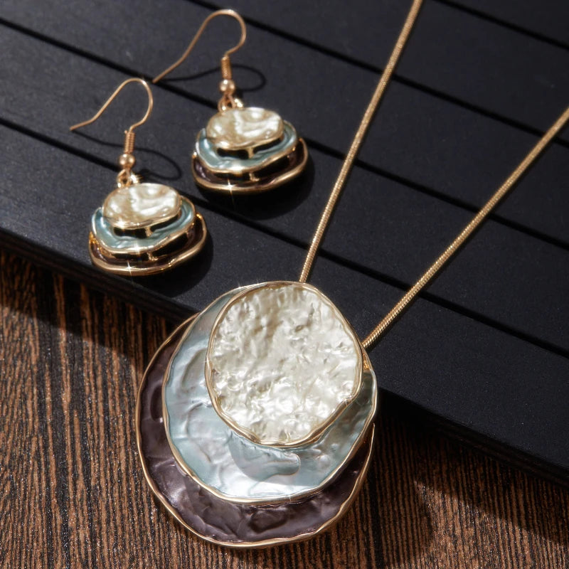 New Vintage Irregular Earring Necklace Circular Pendants Layered Aesthetic Decoration Choker Trend Elegant Jewelry Set for Women