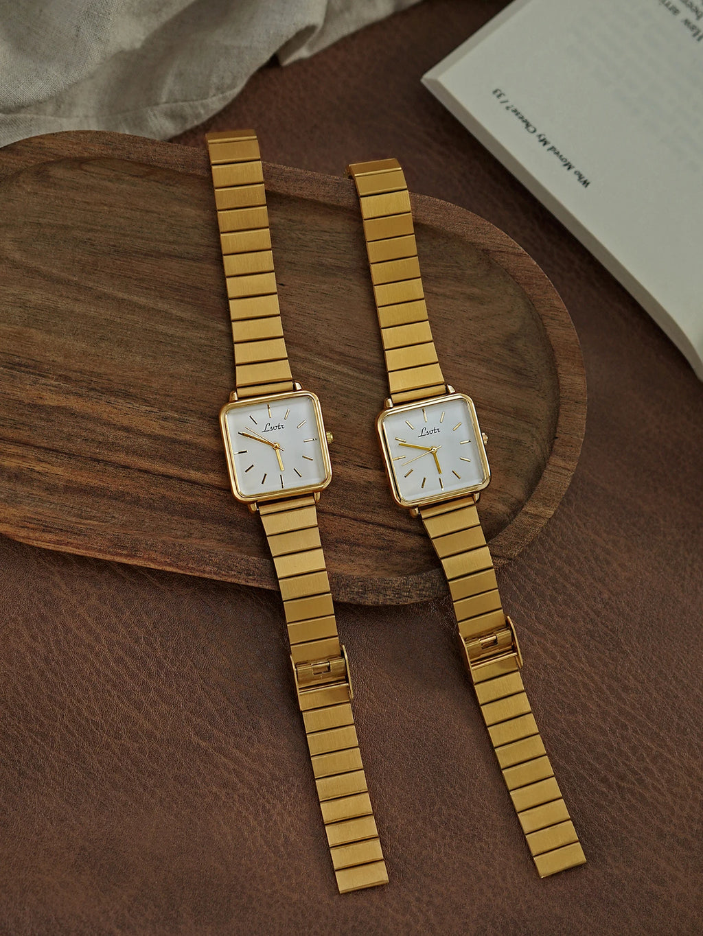 1 new retro elegant gold stainless steel strap ladies quartz watch square dial niche design waterproof for daily wear and gifts