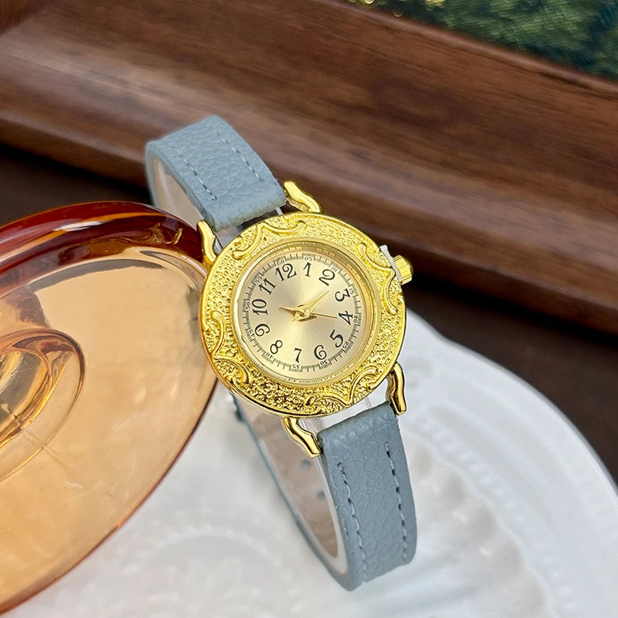 Leather Watch for Woman - Retro Round Dial Slim Gold Strap Wrist Watch
