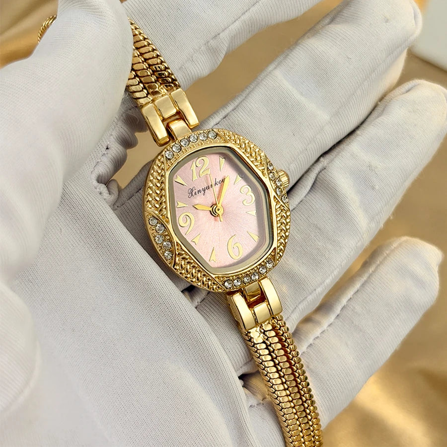 Elegant Small Watch for Woman - Hexagonal Dial Tassel Design Vintage Gold Watch