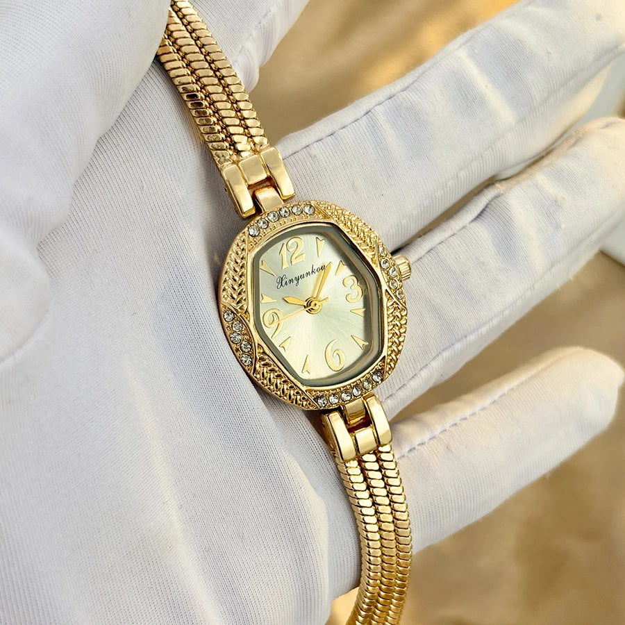 Elegant Small Watch for Woman - Hexagonal Dial Tassel Design Vintage Gold Watch