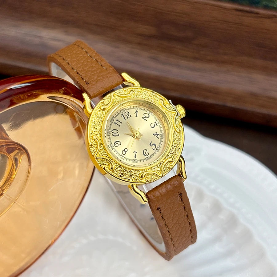 Leather Watch for Woman - Retro Round Dial Slim Gold Strap Wrist Watch