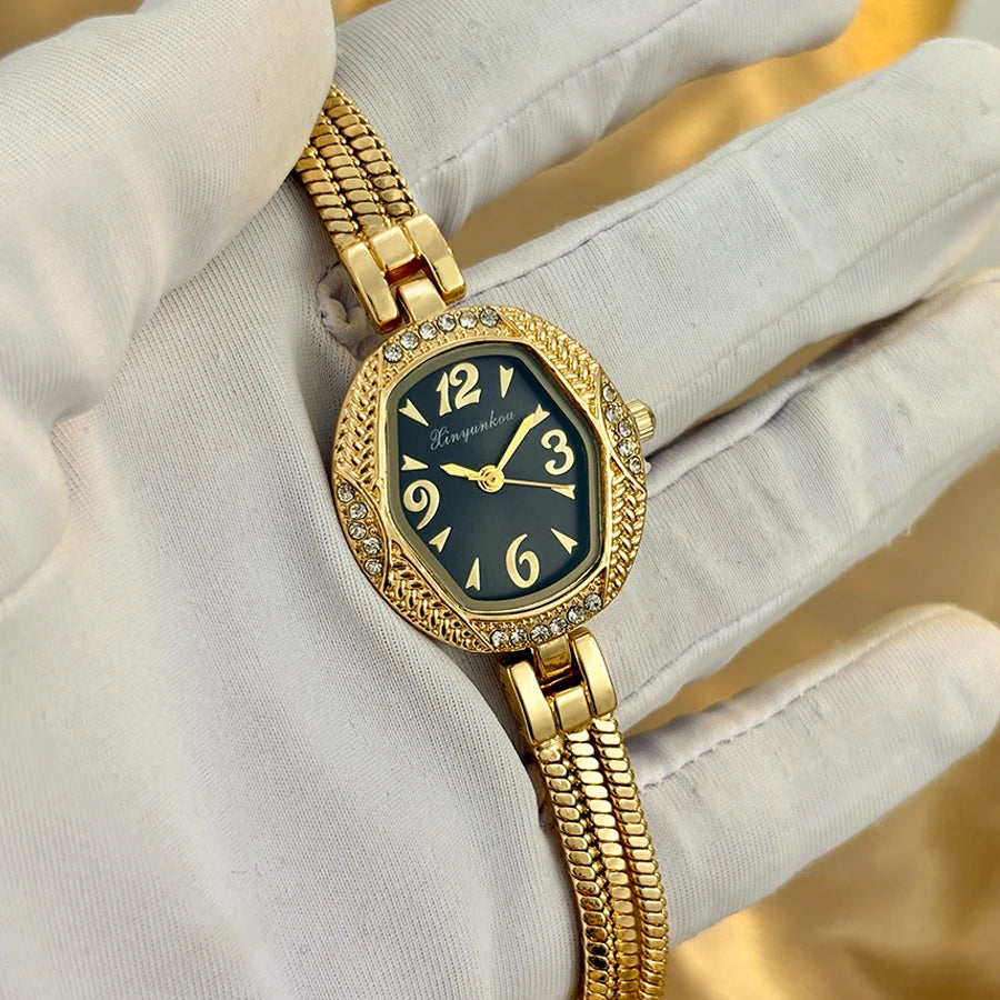 Elegant Small Watch for Woman - Hexagonal Dial Tassel Design Vintage Gold Watch