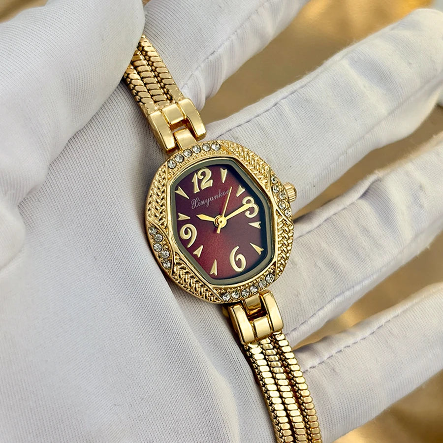 Elegant Small Watch for Woman - Hexagonal Dial Tassel Design Vintage Gold Watch