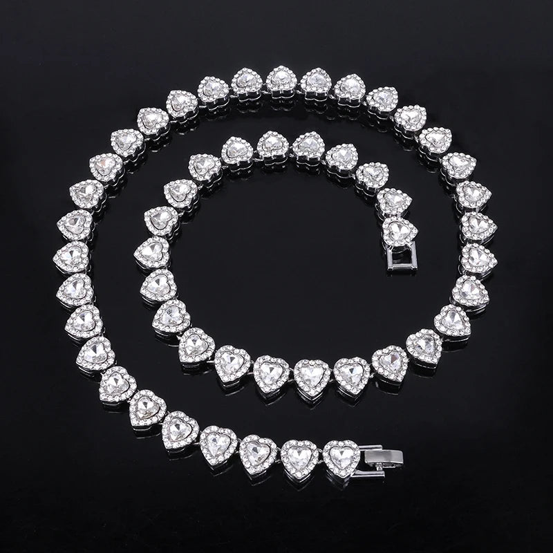 2025 New 45CM Luxurious Shiny Heart type Rhinestone Hop Tennis Chain Bracelet Necklace for Women Men Jewelry Gift