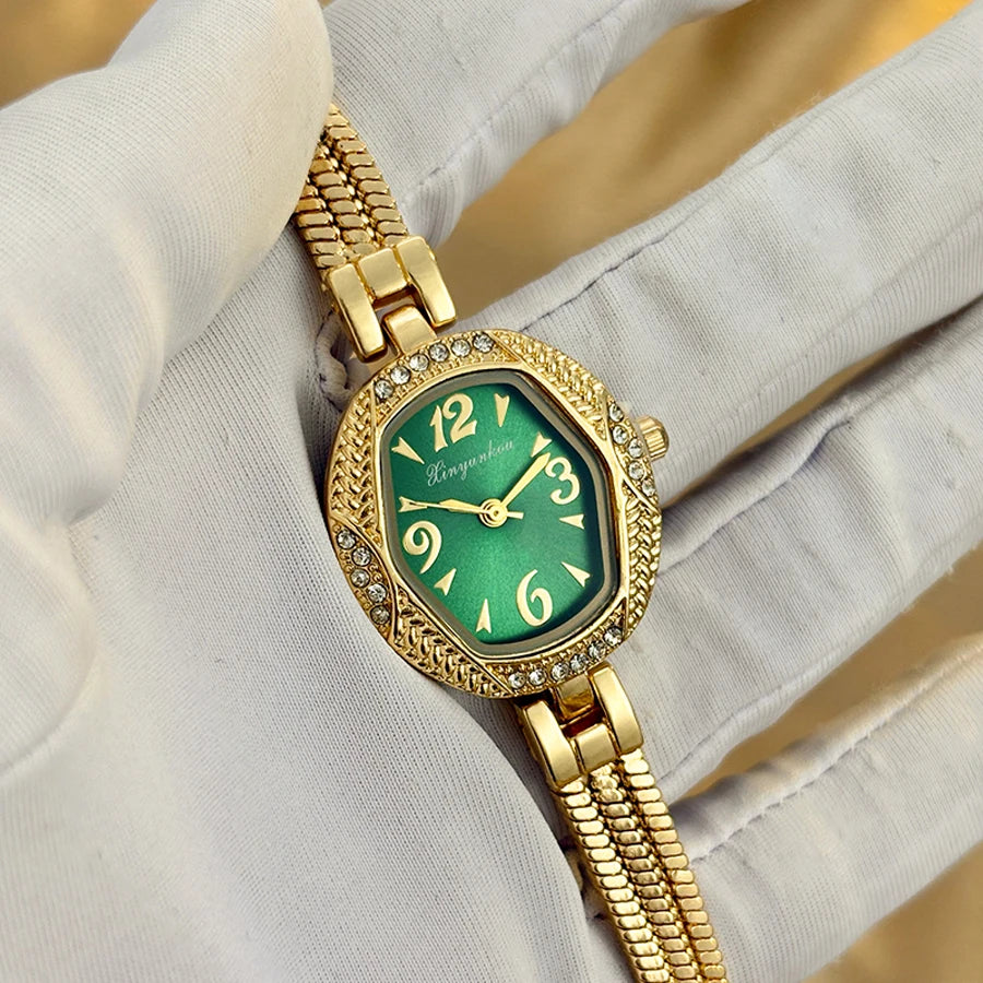 Elegant Small Watch for Woman - Hexagonal Dial Tassel Design Vintage Gold Watch