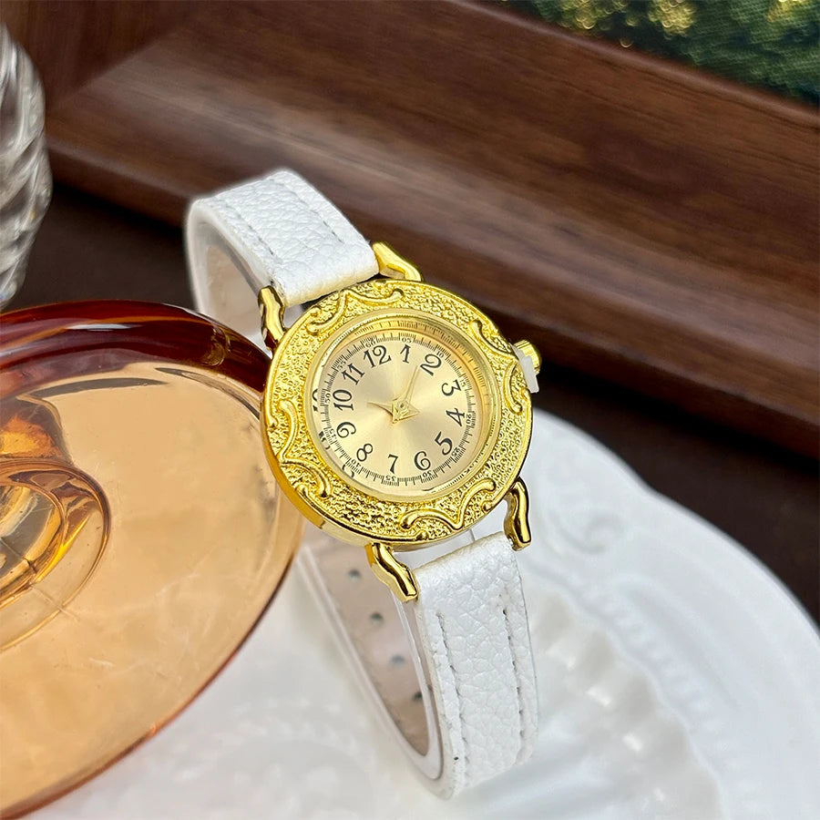 Leather Watch for Woman - Retro Round Dial Slim Gold Strap Wrist Watch