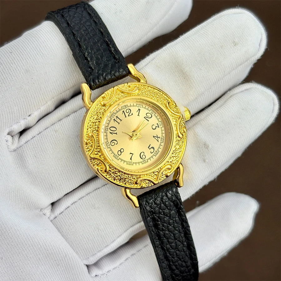 Leather Watch for Woman - Retro Round Dial Slim Gold Strap Wrist Watch