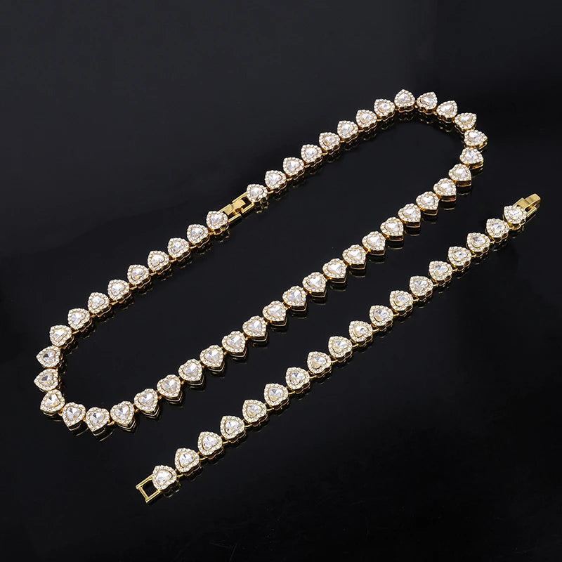 2025 New 45CM Luxurious Shiny Heart type Rhinestone Hop Tennis Chain Bracelet Necklace for Women Men Jewelry Gift
