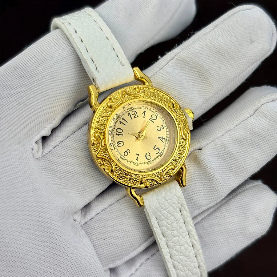 Leather Watch for Woman - Retro Round Dial Slim Gold Strap Wrist Watch