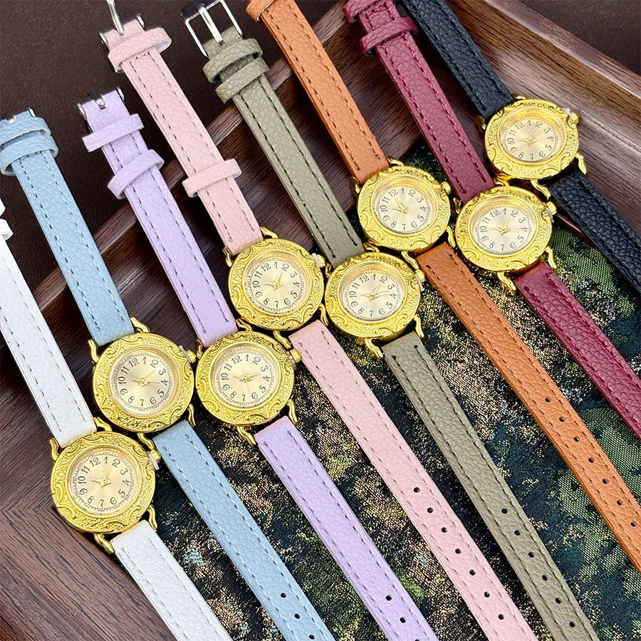Leather Watch for Woman - Retro Round Dial Slim Gold Strap Wrist Watch