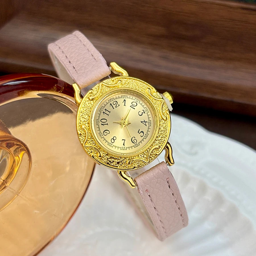 Leather Watch for Woman - Retro Round Dial Slim Gold Strap Wrist Watch