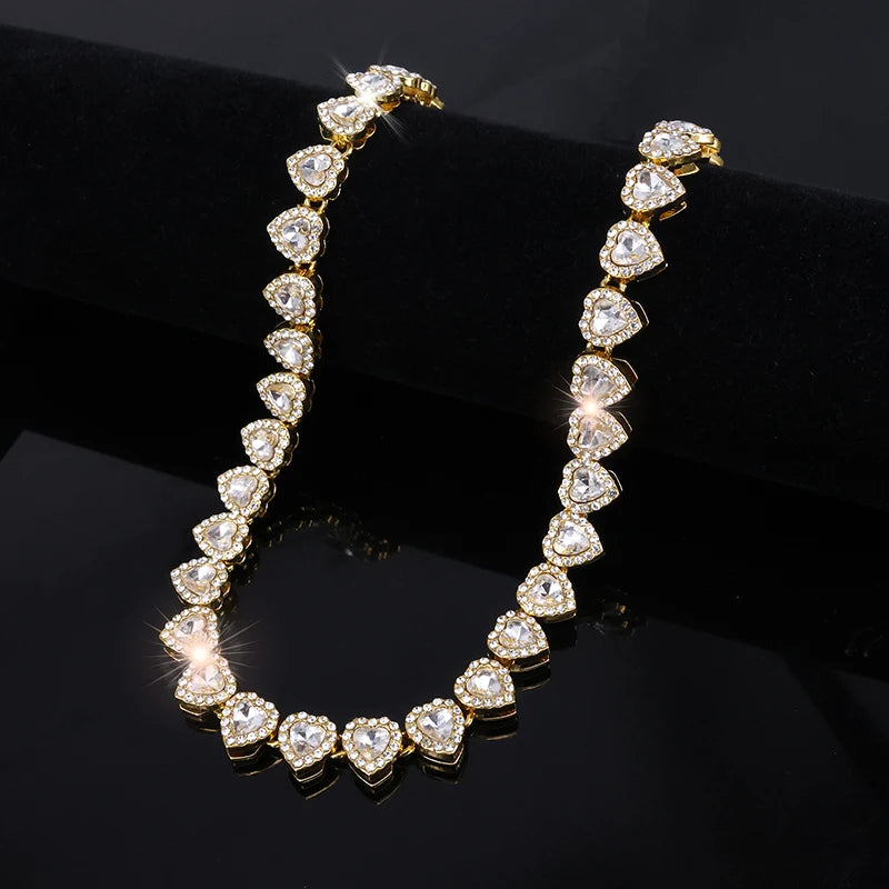 2025 New 45CM Luxurious Shiny Heart type Rhinestone Hop Tennis Chain Bracelet Necklace for Women Men Jewelry Gift
