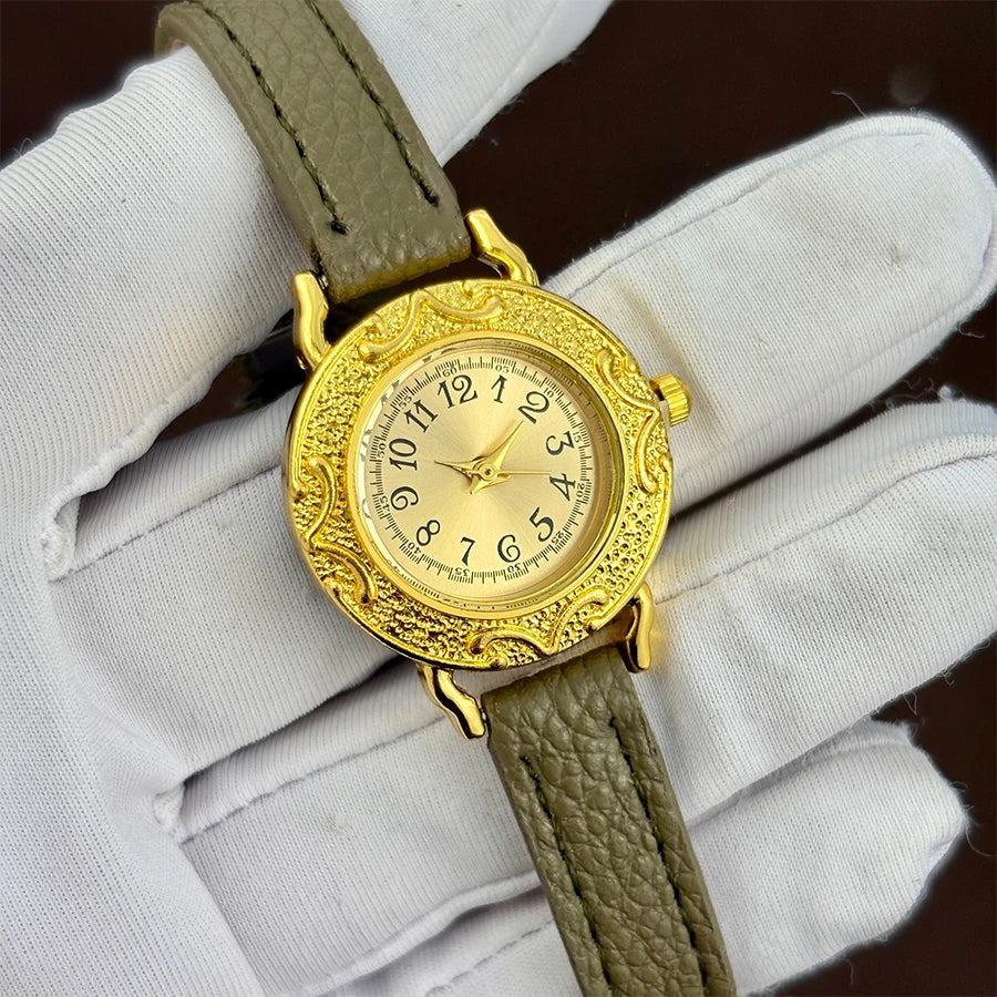 Leather Watch for Woman - Retro Round Dial Slim Gold Strap Wrist Watch