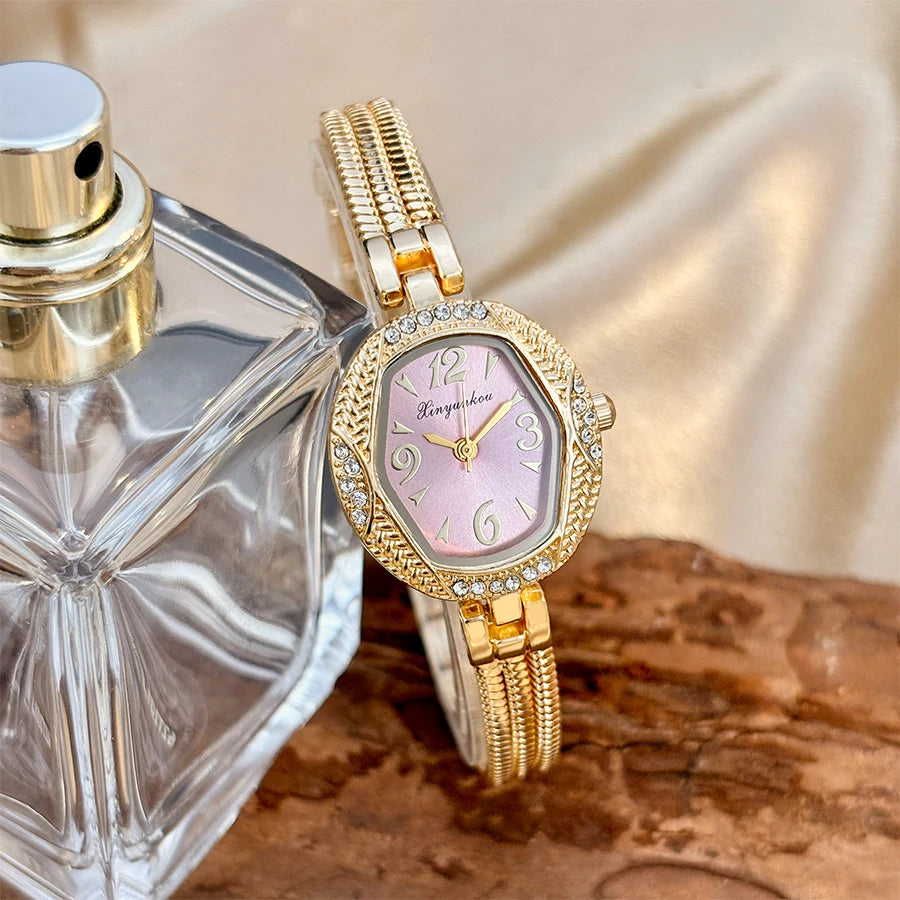Elegant Small Watch for Woman - Hexagonal Dial Tassel Design Vintage Gold Watch