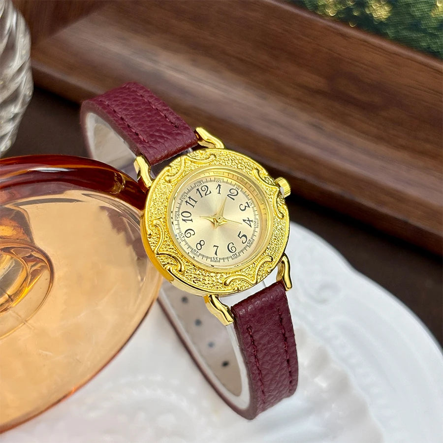 Leather Watch for Woman - Retro Round Dial Slim Gold Strap Wrist Watch