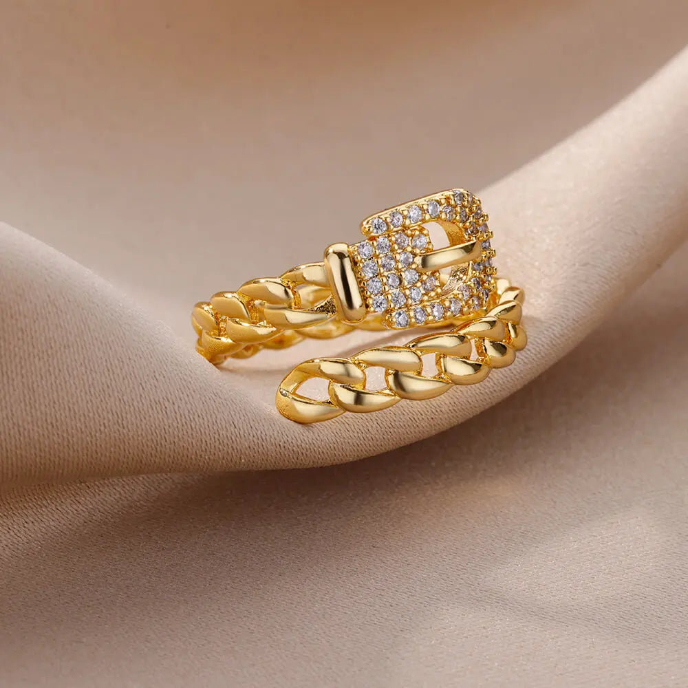 Zircon Belt Rings For Women Stainless Steel Adjustable Finger Ring Femme Geometric 2023 Wedding Aesthetic Jewerly Gift anillos