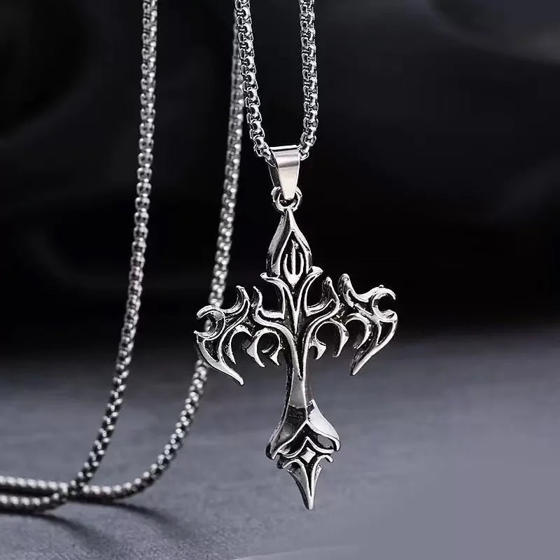 1PCS Fashion Retro Flame Cross Pendant Necklace Men's and Women's Long Chain Punk Gothic Fashion Accessories