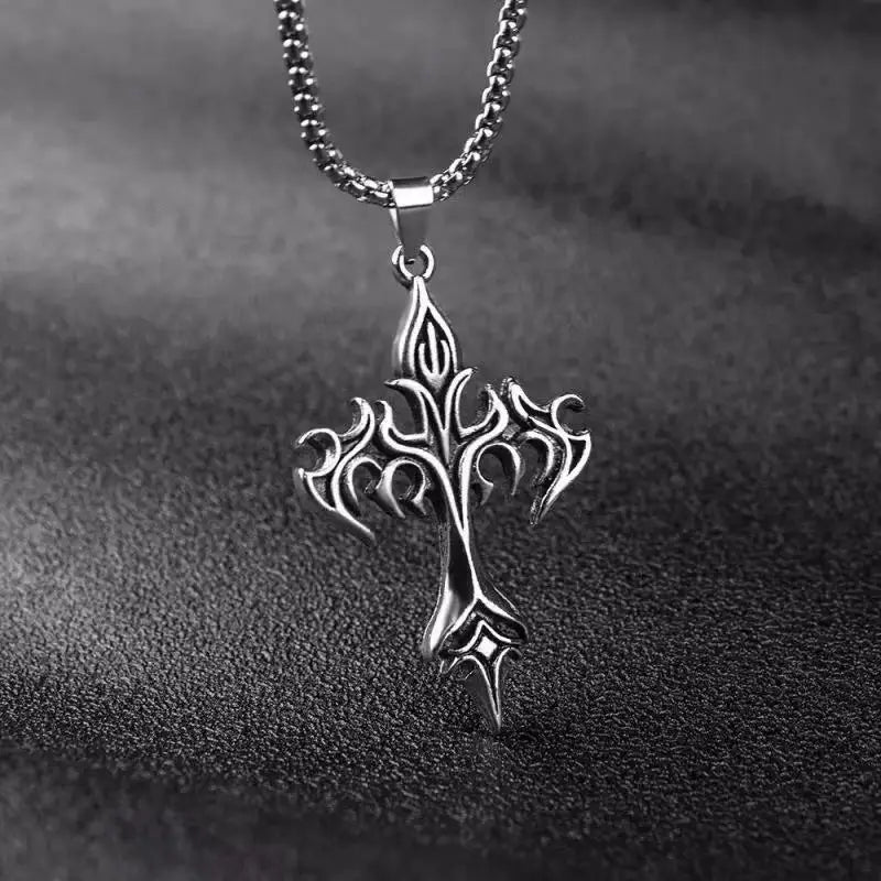 1PCS Fashion Retro Flame Cross Pendant Necklace Men's and Women's Long Chain Punk Gothic Fashion Accessories
