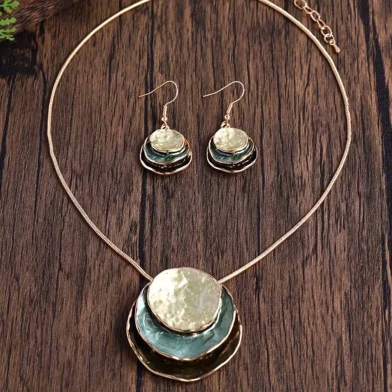 New Vintage Irregular Earring Necklace Circular Pendants Layered Aesthetic Decoration Choker Trend Elegant Jewelry Set for Women
