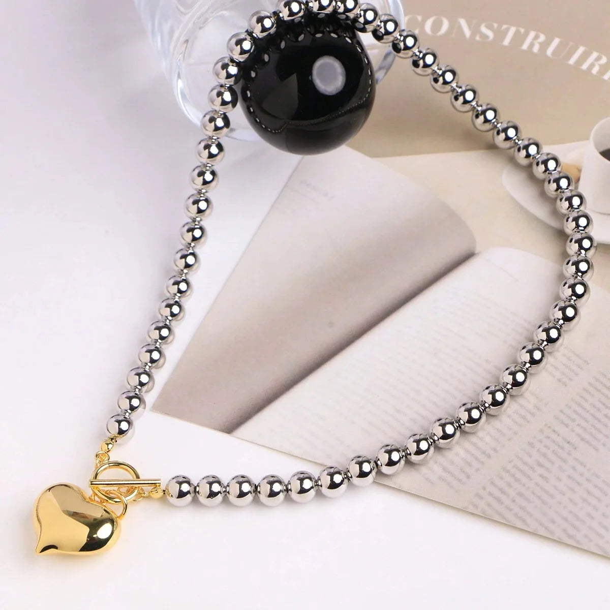 Y2k Stainless Steel Heart Pendant Bead OT Clasp Necklace For Women Men Fashion Geometric Charm Necklace Party Jewelry Gifts