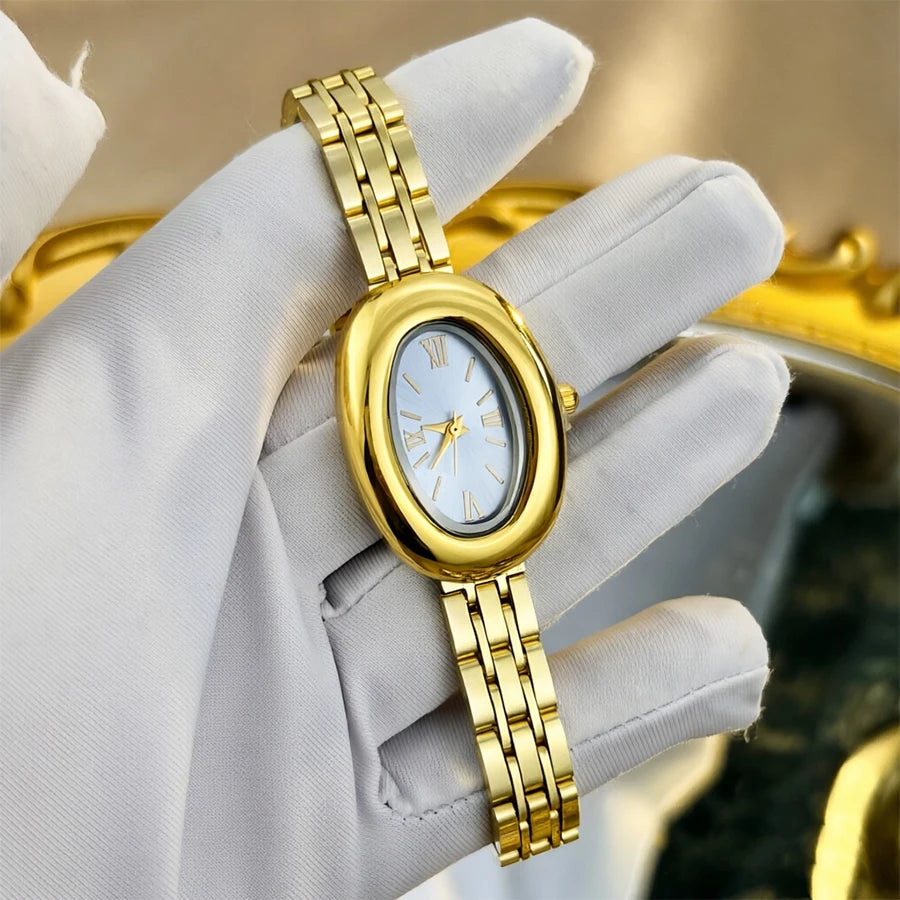 Women Watch Elegant - Vintage Bathtub Oval Dial Steel Strap Timepiece