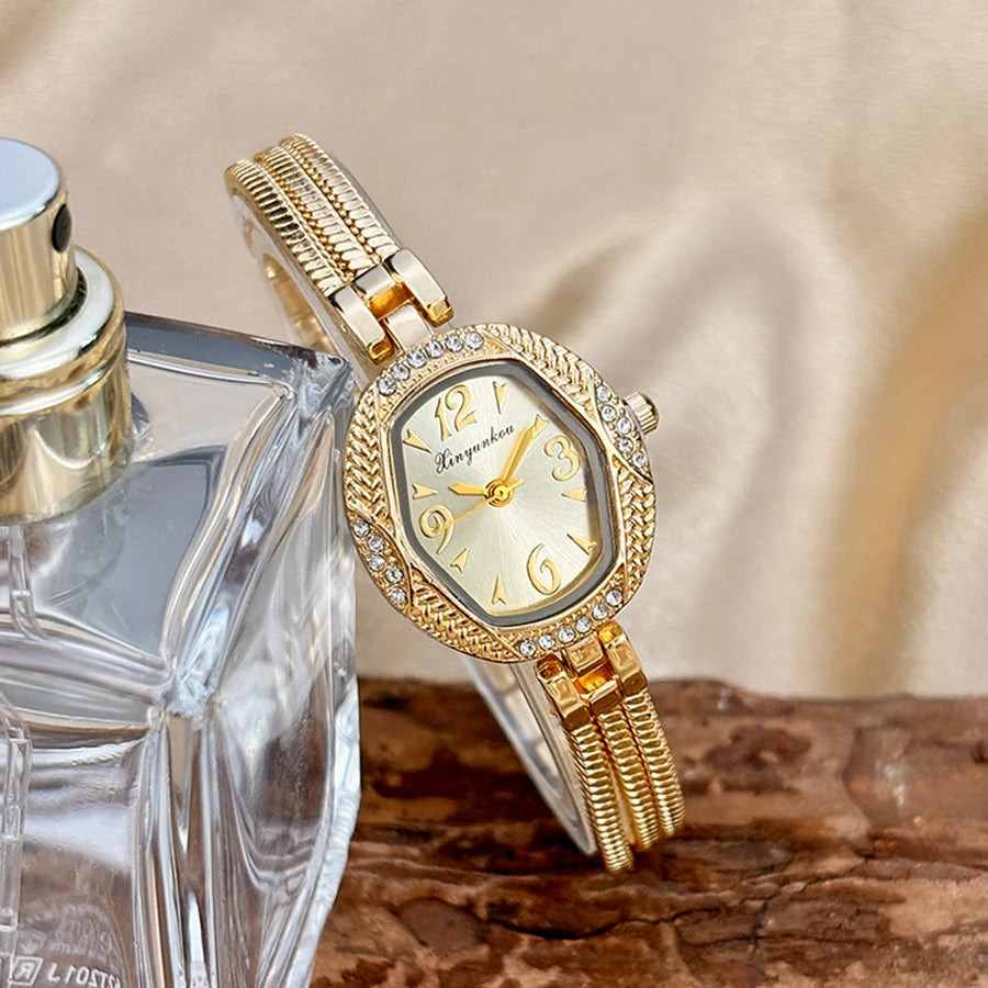 Elegant Small Watch for Woman - Hexagonal Dial Tassel Design Vintage Gold Watch